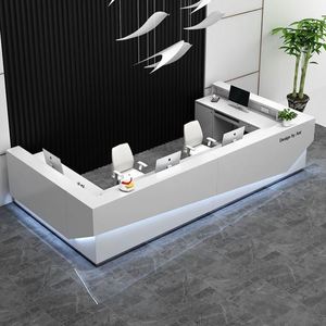 简约现代白色烤漆前台 公司接待转角吧台 时尚创意带灯迎宾台定制