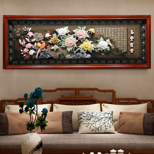 客厅装饰画山水浮雕挂画中式沙发背景墙玉石画立体家和万事兴壁画
