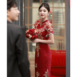 改良旗袍敬酒服新娘年轻款高级感红色结婚礼服女订婚夏季回门便装