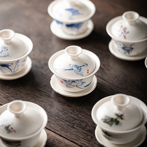 功夫茶山水盖碗大中号三才盖碗单个茶馆沏茶紫砂玻璃陶瓷盖碗家用