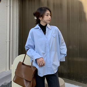 春装百搭叠穿chic假两件蓝色衬衫女薄款设计感小众上衣盐系ins风