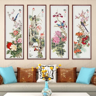 四扇屏画挂春夏秋冬钻石画2021年新款客厅点贴钻十字绣钻石绣四联