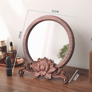桌面镜子圆化妆镜实木梳妆镜台式手工复古家用小型办公室高档木质