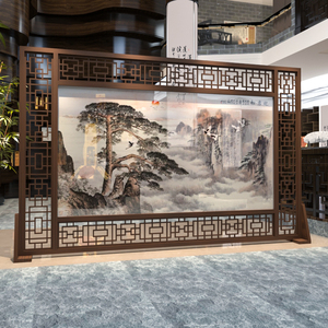 现代中式屏风隔断酒店大堂会议室背景遮挡装饰迎客松大型定制座屏