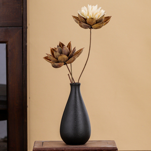 新中式古典陶瓷花瓶装饰品摆件客厅插花黑陶古风茶几干花花束禅意