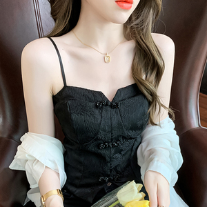 新中式国风旗袍珍珠盘扣蕾丝吊带背心女夏季外穿独特别致内搭上衣