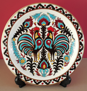 心心堂//挂盘鲜花和公鸡图案手工绘制24k描金希腊摆盘