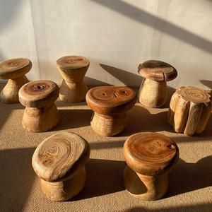 侘寂风原木凳子客厅创意蘑菇小矮凳可爱实木家用换鞋凳根雕茶几凳