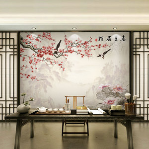 新中式8d手绘花鸟电视背景墙布5d喜上眉梢客厅沙发影视墙无缝壁画