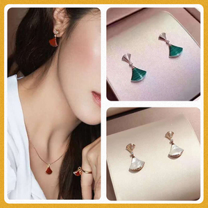 bvlgari/宝格丽白贝母镶钻扇子耳钉18k玫瑰金红玉髓小裙子耳环女
