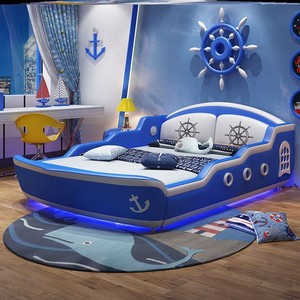 儿童床男孩单人带护栏实木海盗船床女孩公主创意多功能卡通真皮床