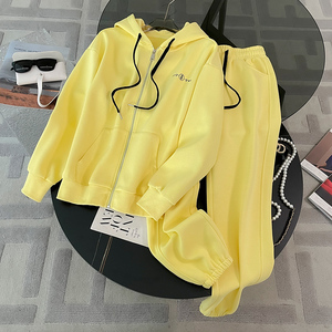黄色休闲运动套装女2024春秋新款高端品牌欧货连帽卫衣卫裤两件套