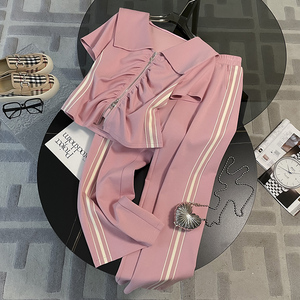 粉色休闲运动套装女夏装搭配一整套时尚洋气减龄网红炸街两件套裤