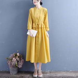 棉麻连衣长裙荷叶边