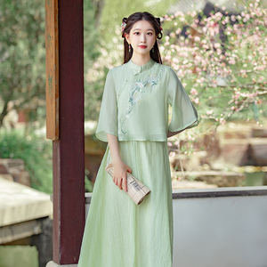 初姿映夏装新中式唐装小个子汉服茶服民族风复古改良旗袍上衣套装