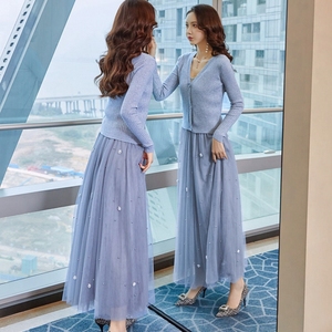 两件套装2024春秋季女士新款气质时尚针织开衫吊带网纱裙子三件套