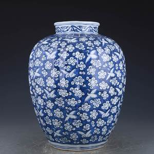 [糖糖]明嘉靖青花蓝底白云鹤纹瓜棱罐 古玩古董古瓷器老货收藏