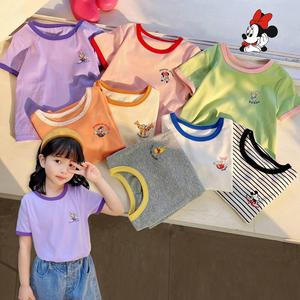 C夏季新款女童拼色短袖t桖儿童韩版百搭超洋气卡通印花上衣打底衫