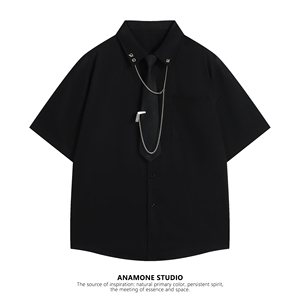 ANAMONE 炸街链条领带短袖衬衫女夏季设计感小众港风日系复古上衣