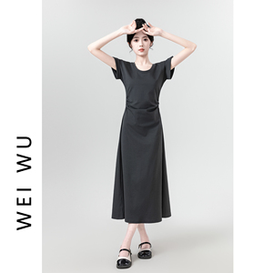 法式短袖T恤休闲连衣裙女2024夏季新款设计感收腰显瘦中长款裙子