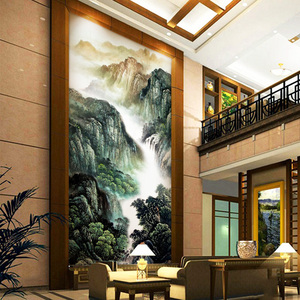 中式国画大气玄关背景墙纸山水复式别墅豪华壁画酒店大堂墙画壁布