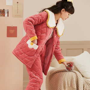 罗丽丝旗舰店珊瑚绒睡衣女秋冬季三层夹棉袄加厚加绒保暖家居服法