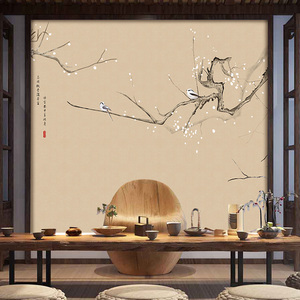 梅花壁纸床头壁画客厅背景墙墙布现代新中式花鸟茶室会所禅意墙纸