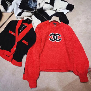 代购chanel/香奈儿 20款秋冬logo大双c羊绒套头针织衫泡泡袖毛衣