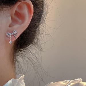 双层蝴蝶结锆石耳钉小众个性设计耳环精致时尚无耳洞耳夹甜美耳饰