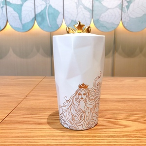 星巴克2021周年庆双尾美人鱼女神金色双鱼尾皇冠几何图双层马克杯