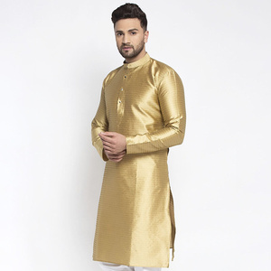 印度进口传统男装民族风丝绵提花暗纹中长款上衣长袖金色