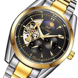 a一秒腕表包邮october欧克铂黑金镂空月相全自动机械腕表