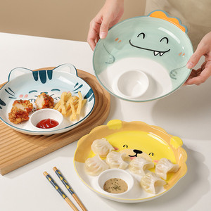 日式饺子盘子带醋碟陶瓷创意好看的水饺专用分格盘精致卡通早餐盘