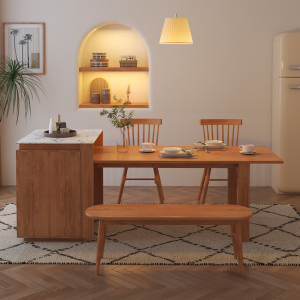日式实木岛台餐桌一体北欧简约家用原木风边柜伸缩折叠岩板饭桌子