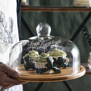 蛋糕托盘玻璃罩透明展示盘点心试吃盘带盖旋转木质果盘食品透明罩
