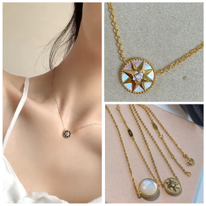 八芒星幸运罗盘项链18k金 带钻迪奥玫瑰金白贝母星盘锁骨链吊坠女