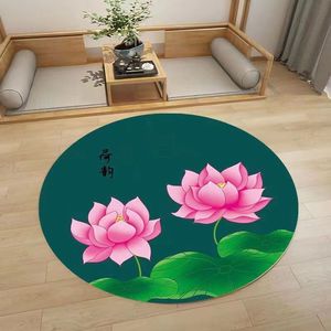 中式莲花地垫圆形地毯客厅卧室佛堂荷花复古中国风地毯防滑可水洗