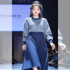 新中式国风蓝色针织毛衣连衣裙子套装女高级感冬装搭配一整套时尚