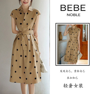 BEBE NOBLE高级感复古波点衬衫裙女夏季修身显瘦气质无袖连衣裙子