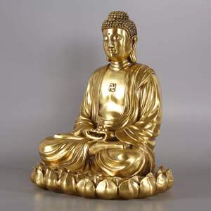 祥狮精品纯铜佛像摆件 黄铜一层莲花坐释迦牟尼铜像铜如来佛摆件