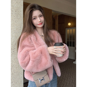 粉色v领皮草毛毛加厚毛茸茸外套女冬季小个子气质短款羊羔绒上衣