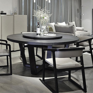 实木多层板黑色餐桌现代简约餐台创意圆桌小户型吃饭桌简易时尚