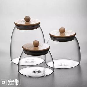 竹木盖透明玻璃茶叶罐密封罐调料储存罐花茶罐子小号红茶瓶子带盖