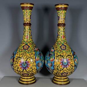 【谦源】一对花瓶古玩古董铜器乾隆年制收藏景泰蓝老货珍藏全品