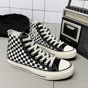 匡威帆布鞋男高帮黑白格子