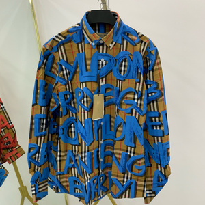 正品burberry/巴宝莉衬衫红蓝字母涂鸦印花格纹衬衣男女同款外套