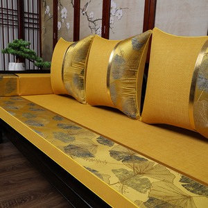 新中式红木沙发坐垫实木棉麻防滑四季通用黄色沙发垫2021新款定制