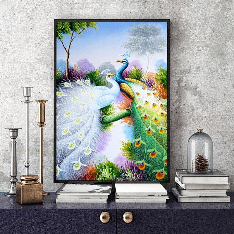 2021新款砖石绣5立体满钻客厅玄关手工贴钻画双色孔雀吉祥