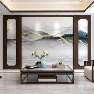 新中式电视墙背景墙壁纸订做沙发山水墨墙纸客厅32d立体影视墙布