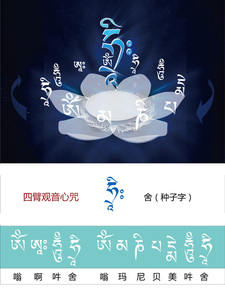 装饰亚青法白莲花四臂观音贴画种子字舍字观想图 相纸双面塑封
